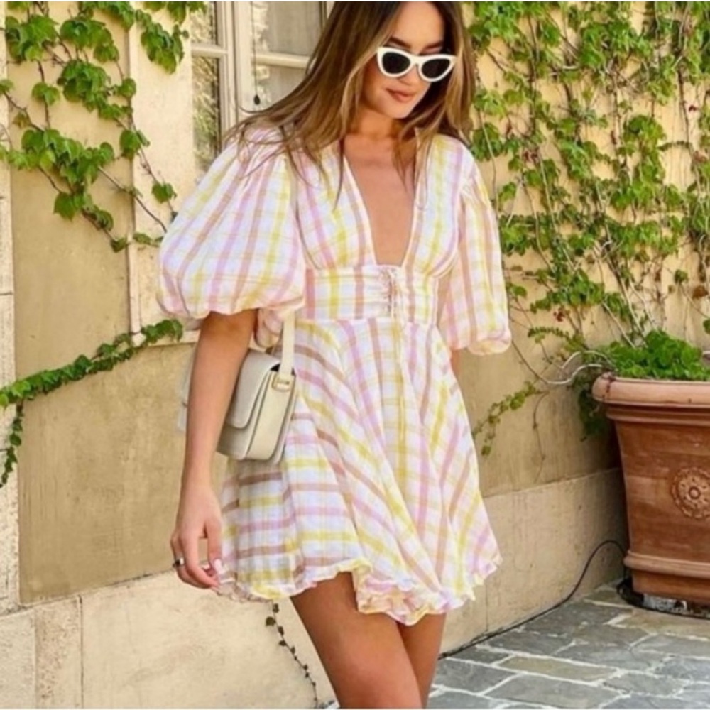 For Love And Lemons Cream and Pink Plaid Dress